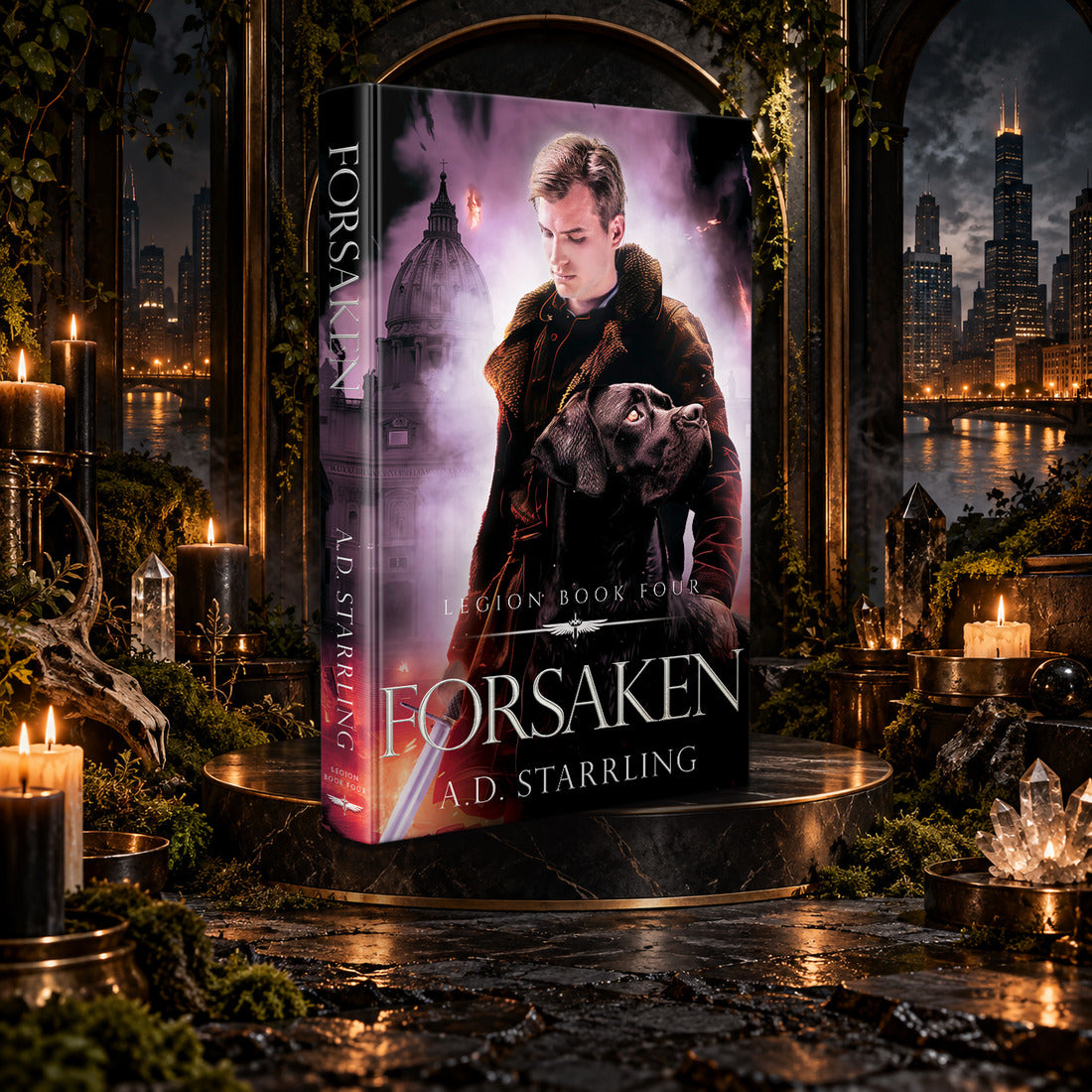Forsaken (Legion Book 4) Hardback by A.D. Starrling on a marble pedestal in a candlelit gothic hall overlooking the Chicago skyline at night