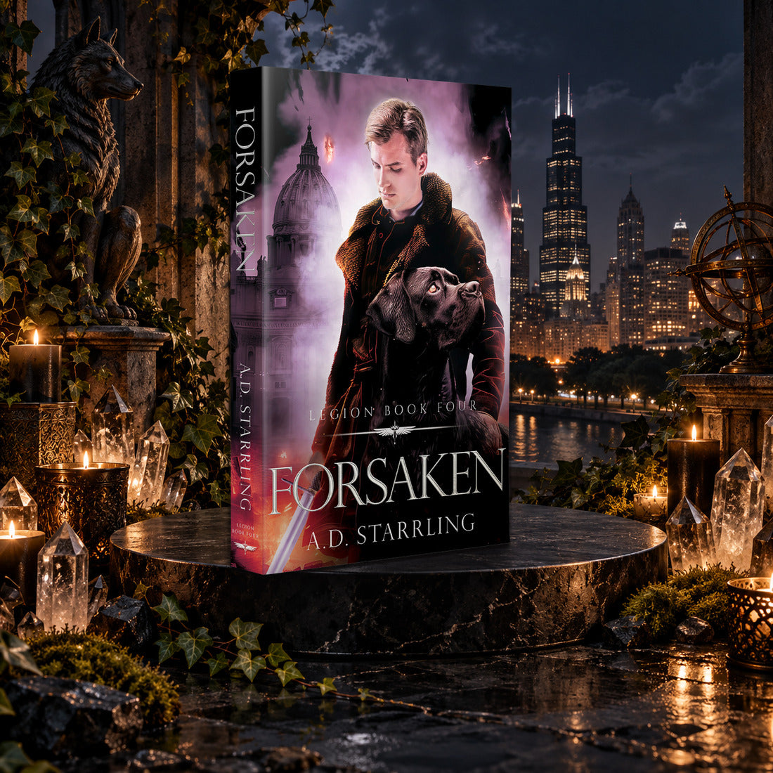 Forsaken (Legion Book 4) Paperback by A.D. Starrling among candles and crystals with the moonlit Chicago skyline behind