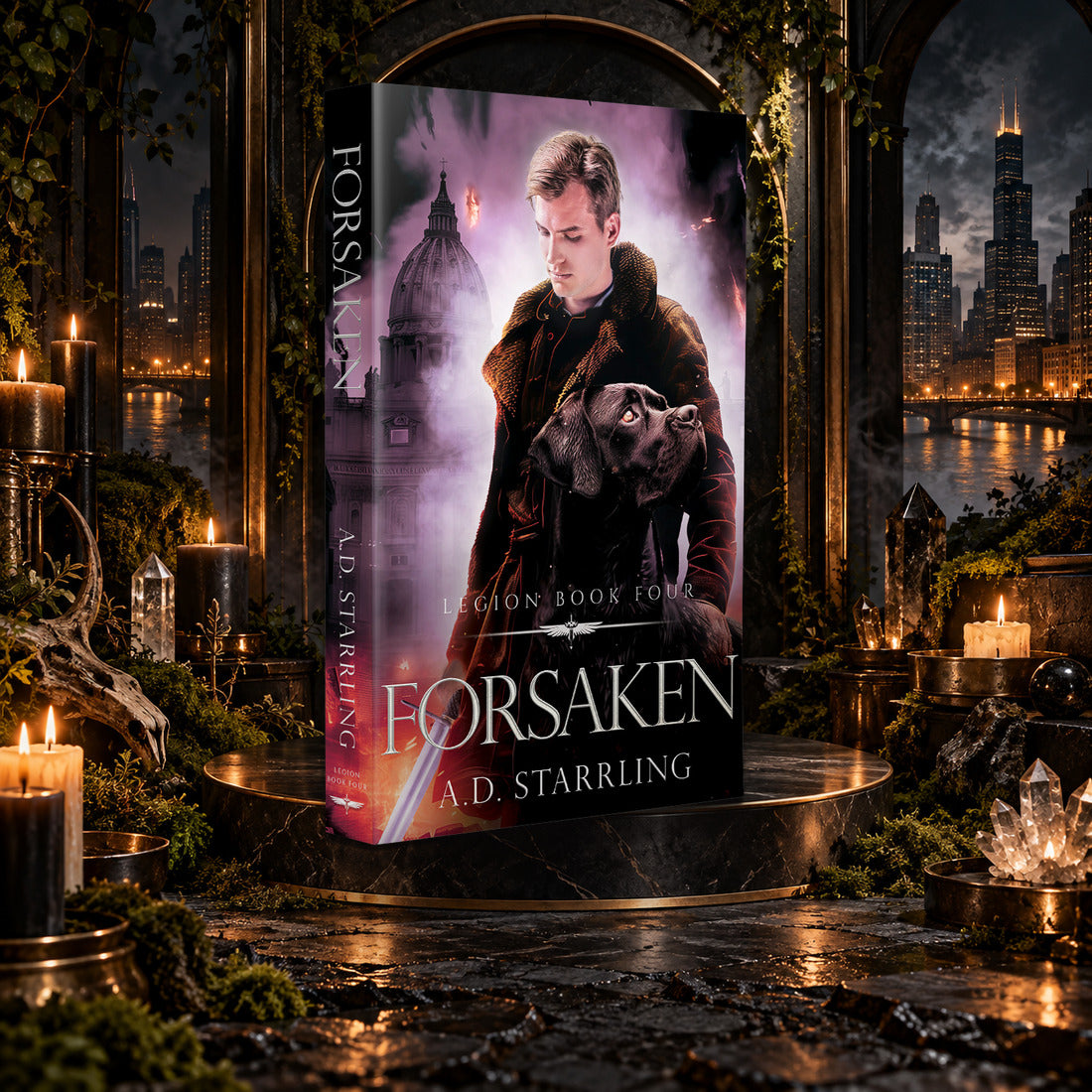 Forsaken (Legion Book 4) Paperback by A.D. Starrling on a marble pedestal in a candlelit gothic hall overlooking the Chicago skyline at night