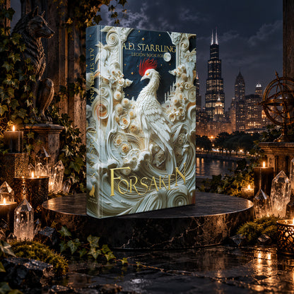 Forsaken (Legion Book 4) Special Edition Hardback by A.D. Starrling among candles and crystals with the moonlit Chicago skyline behind