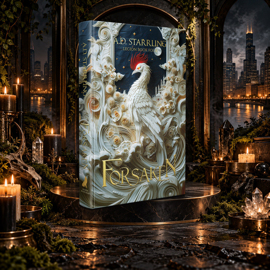 Forsaken (Legion Book 4) Special Edition Hardback by A.D. Starrling on a marble pedestal in a candlelit gothic hall overlooking the Chicago skyline at night