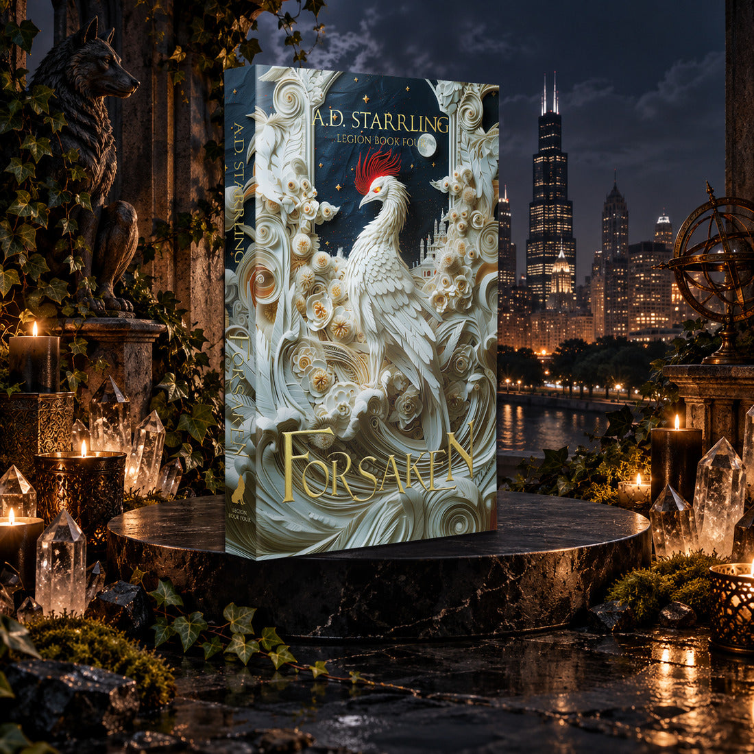 Forsaken (Legion Book 4) Special Edition Paperback by A.D. Starrling among candles and crystals with the moonlit Chicago skyline behind