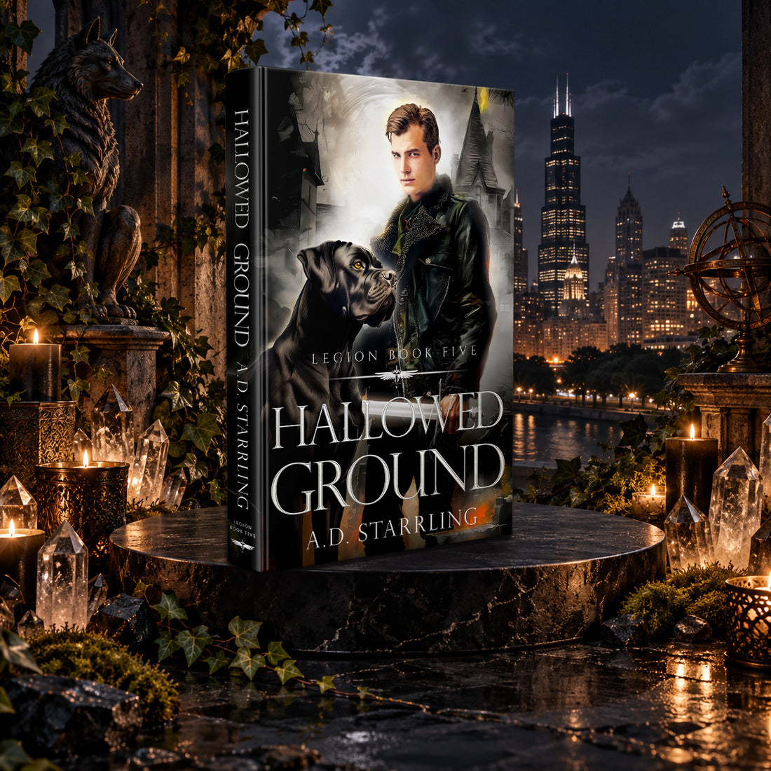 Hallowed Ground (Legion Book 5) Hardback by A.D. Starrling among candles and crystals with the moonlit Chicago skyline behind
