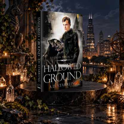 Hallowed Ground (Legion Book 5) Hardback by A.D. Starrling among candles and crystals with the moonlit Chicago skyline behind
