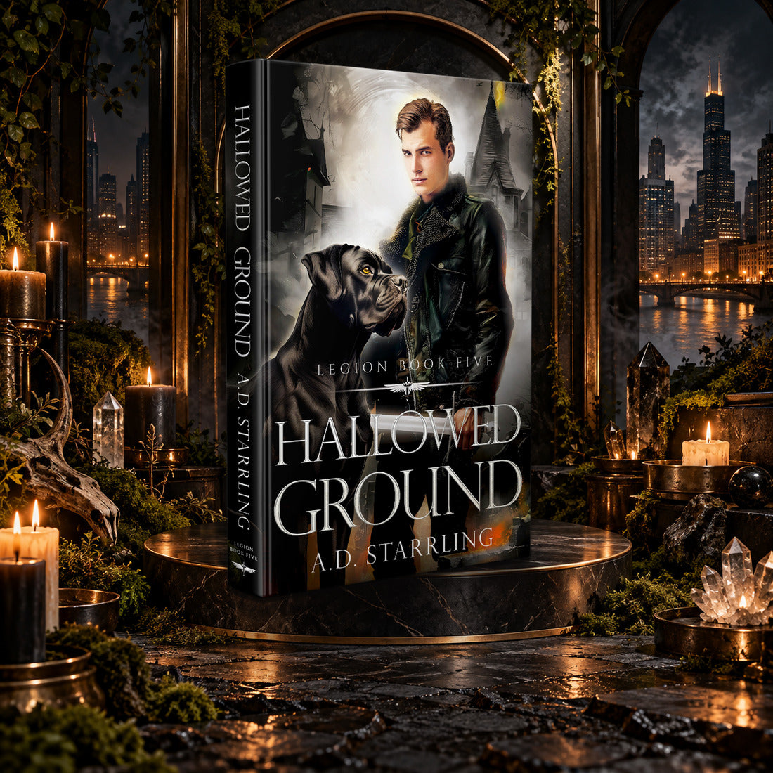 Hallowed Ground (Legion Book 5) Hardback by A.D. Starrling on a marble pedestal in a candlelit gothic hall overlooking the Chicago skyline at night