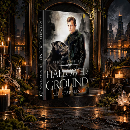 Hallowed Ground (Legion Book 5) Hardback by A.D. Starrling on a marble pedestal in a candlelit gothic hall overlooking the Chicago skyline at night