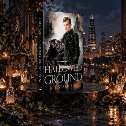 Hallowed Ground (Legion Book 5) Paperback by A.D. Starrling among candles and crystals with the moonlit Chicago skyline behind