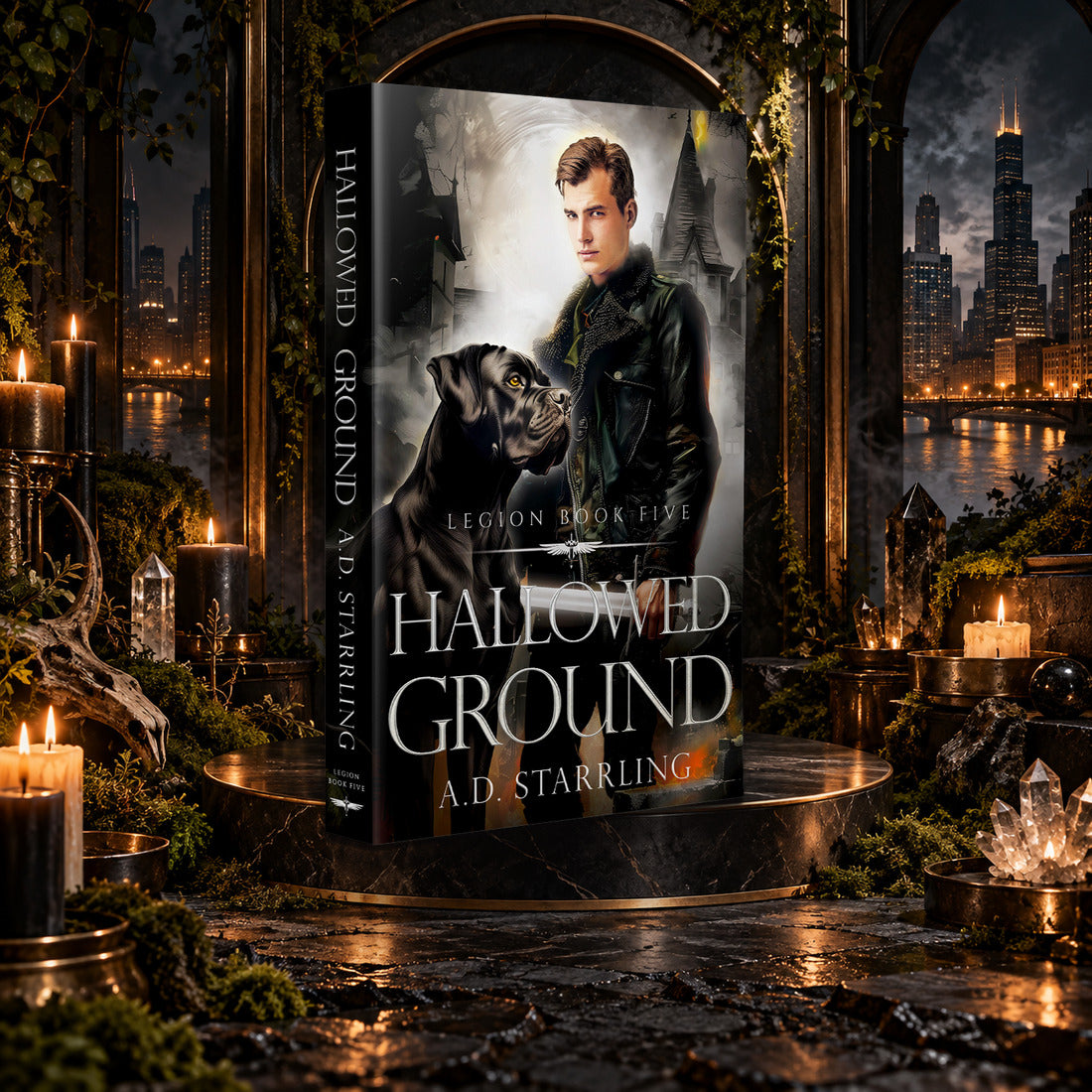 Hallowed Ground (Legion Book 5) Paperback by A.D. Starrling on a marble pedestal in a candlelit gothic hall overlooking the Chicago skyline at night