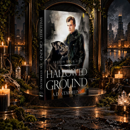 Hallowed Ground (Legion Book 5) Paperback by A.D. Starrling on a marble pedestal in a candlelit gothic hall overlooking the Chicago skyline at night