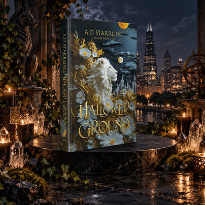 Hallowed Ground (Legion Book 5) Special Edition Hardback by A.D. Starrling among candles and crystals with the moonlit Chicago skyline behind