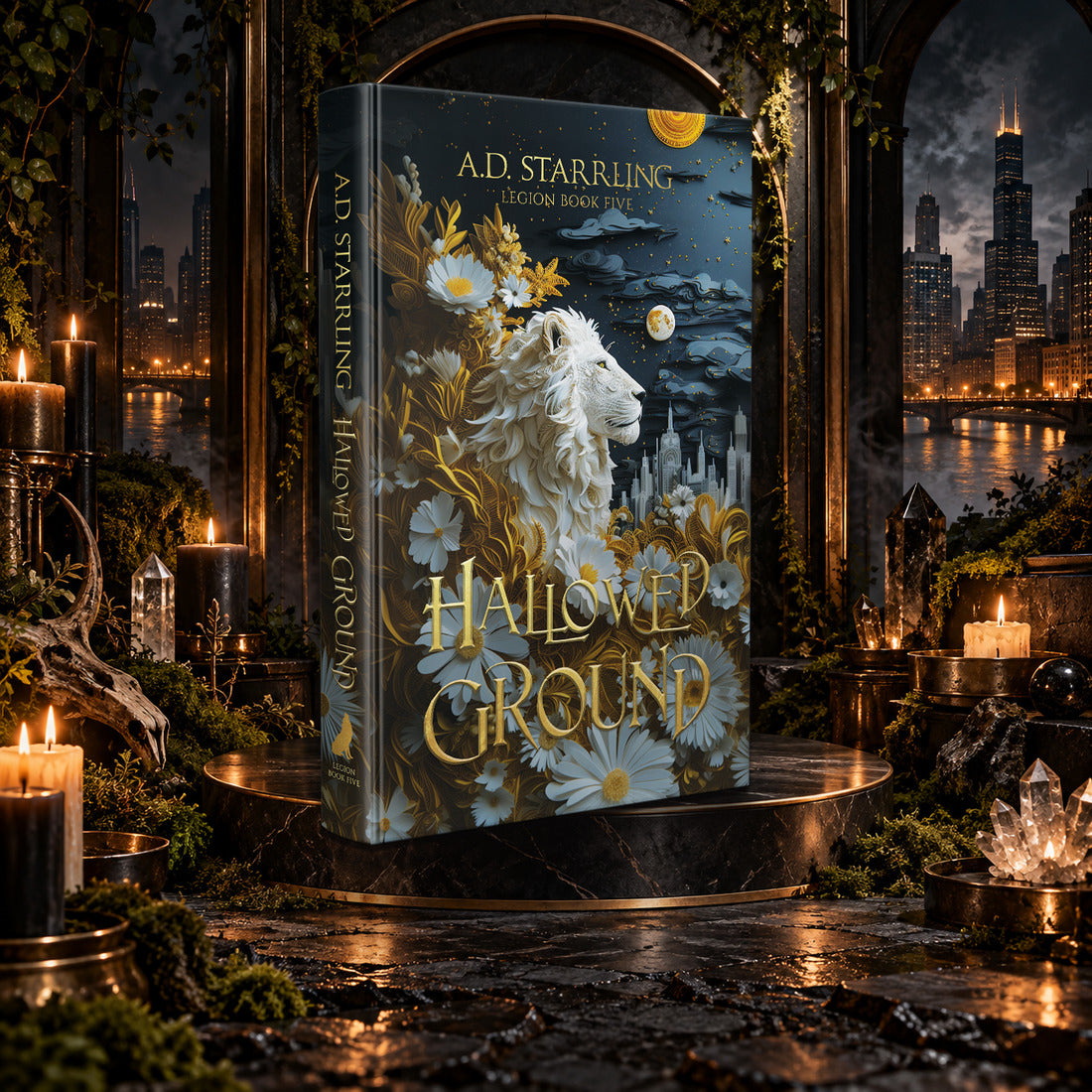 Hallowed Ground (Legion Book 5) Special Edition Hardback by A.D. Starrling on a marble pedestal in a candlelit gothic hall overlooking the Chicago skyline at night