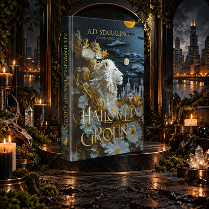 Hallowed Ground (Legion Book 5) Special Edition Hardback by A.D. Starrling on a marble pedestal in a candlelit gothic hall overlooking the Chicago skyline at night