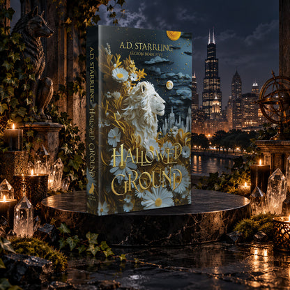 Hallowed Ground (Legion Book 5) Special Edition Paperback by A.D. Starrling among candles and crystals with the moonlit Chicago skyline behind