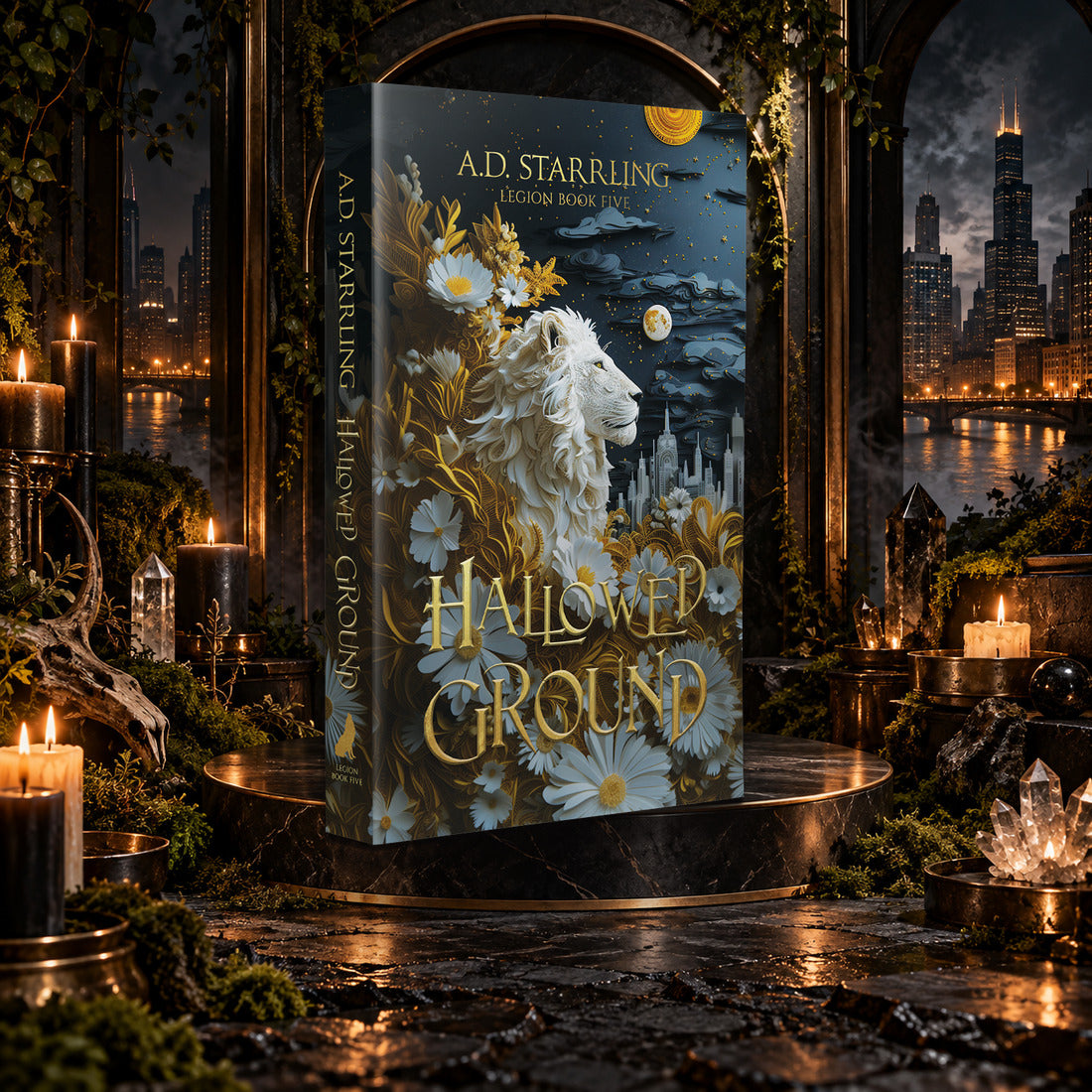 Hallowed Ground (Legion Book 5) Special Edition Paperback by A.D. Starrling on a marble pedestal in a candlelit gothic hall overlooking the Chicago skyline at night