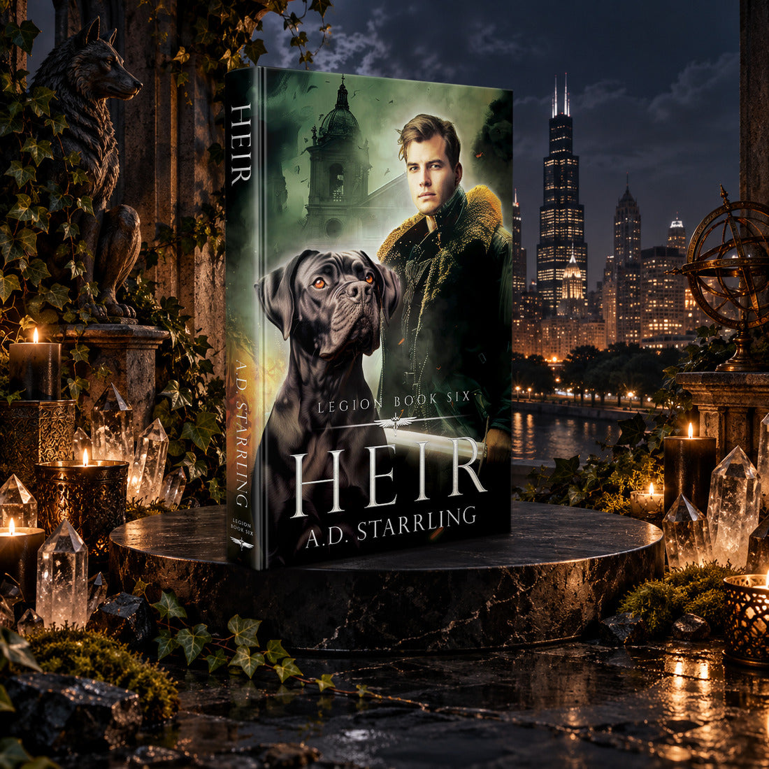 Heir (Legion Book 6) Hardback by A.D. Starrling among candles and crystals with the moonlit Chicago skyline behind