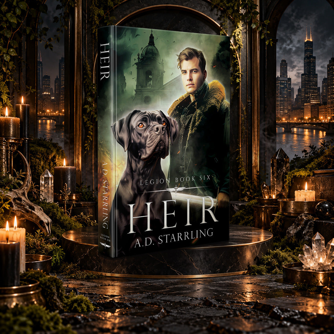 Heir (Legion Book 6) Hardback by A.D. Starrling on a marble pedestal in a candlelit gothic hall overlooking the Chicago skyline at night