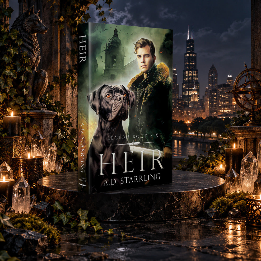 Heir (Legion Book 6) Paperback by A.D. Starrling among candles and crystals with the moonlit Chicago skyline behind