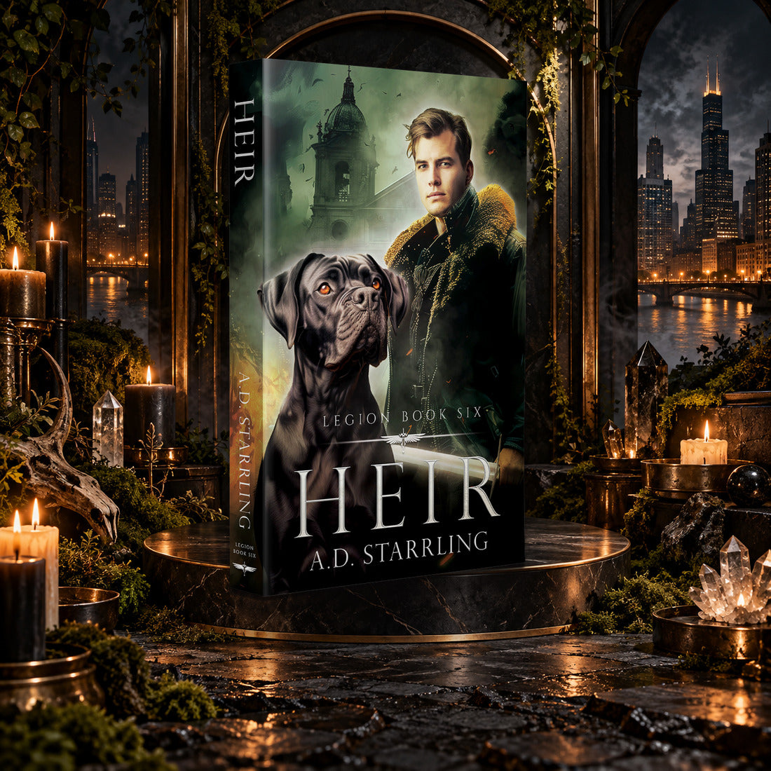Heir (Legion Book 6) Paperback by A.D. Starrling on a marble pedestal in a candlelit gothic hall overlooking the Chicago skyline at night