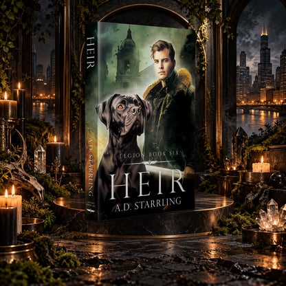 Heir (Legion Book 6) Paperback by A.D. Starrling on a marble pedestal in a candlelit gothic hall overlooking the Chicago skyline at night