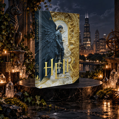 Heir (Legion Book 6) Special Edition Hardback by A.D. Starrling among candles and crystals with the moonlit Chicago skyline behind