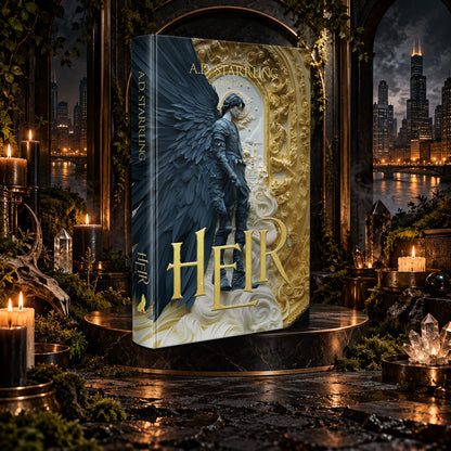 Heir (Legion Book 6) Special Edition Hardback by A.D. Starrling on a marble pedestal in a candlelit gothic hall overlooking the Chicago skyline at night