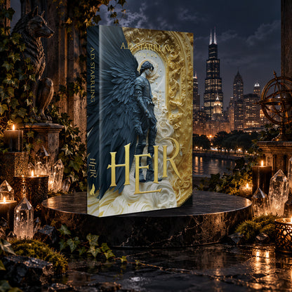 Heir (Legion Book 6) Special Edition Paperback by A.D. Starrling among candles and crystals with the moonlit Chicago skyline behind