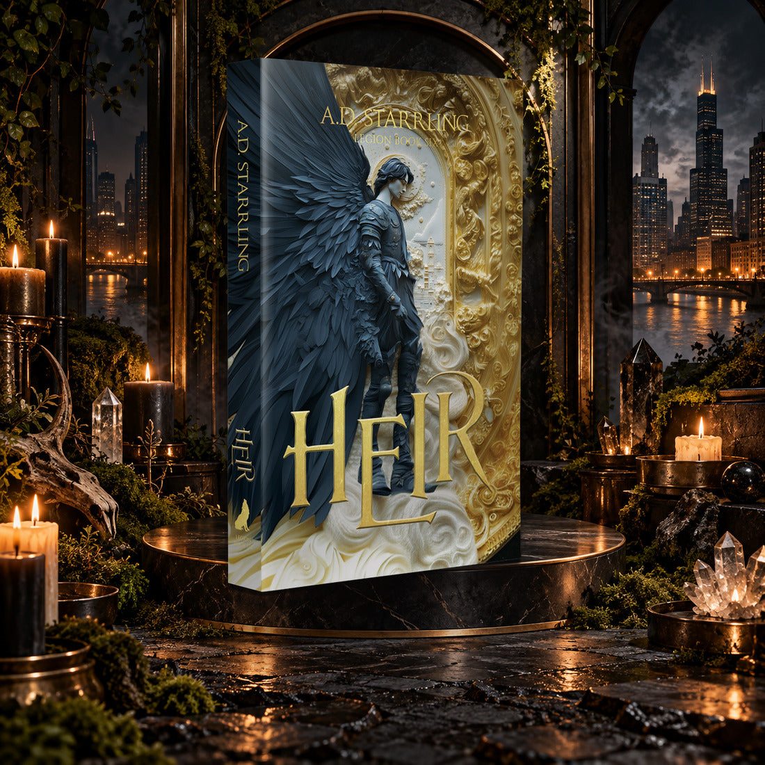 Heir (Legion Book 6) Special Edition Paperback by A.D. Starrling on a marble pedestal in a candlelit gothic hall overlooking the Chicago skyline at night