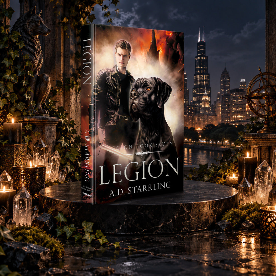Legion (Legion Book 7) Hardback by A.D. Starrling among candles and crystals with the moonlit Chicago skyline behind