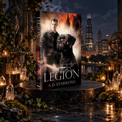 Legion (Legion Book 7) Hardback by A.D. Starrling among candles and crystals with the moonlit Chicago skyline behind