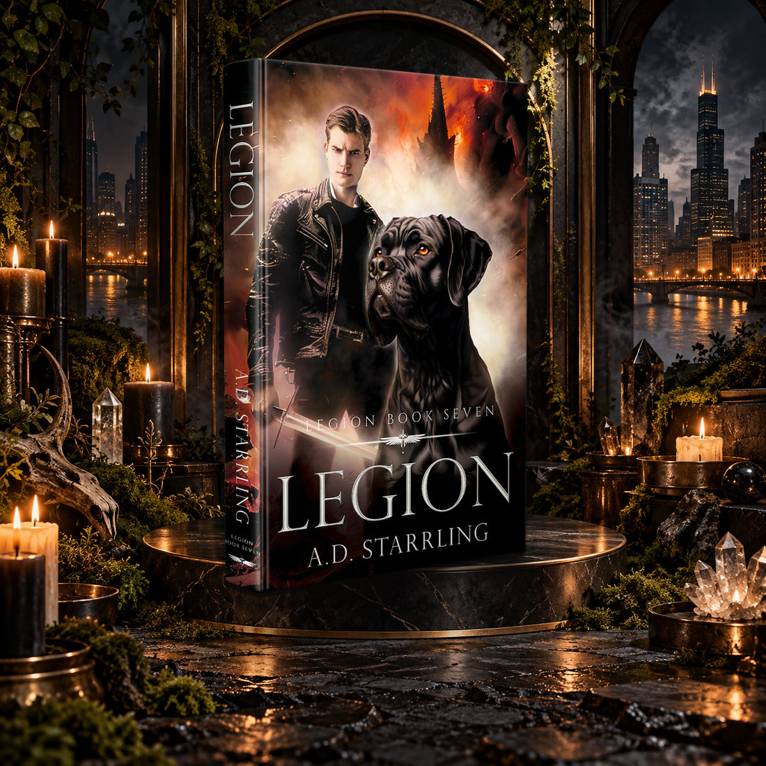 Legion (Legion Book 7) Hardback by A.D. Starrling on a marble pedestal in a candlelit gothic hall overlooking the Chicago skyline at night