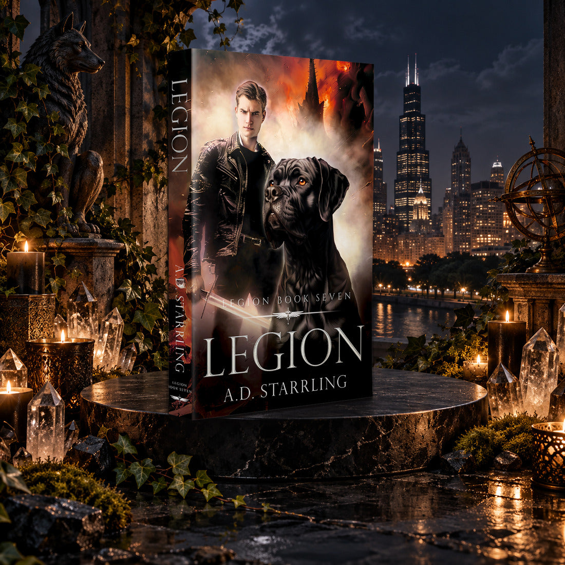 Legion (Legion Book 7) Paperback by A.D. Starrling among candles and crystals with the moonlit Chicago skyline behind