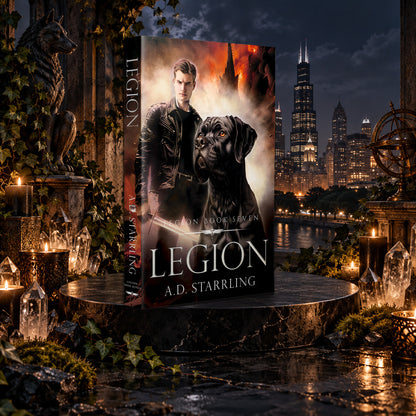 Legion (Legion Book 7) Paperback by A.D. Starrling among candles and crystals with the moonlit Chicago skyline behind