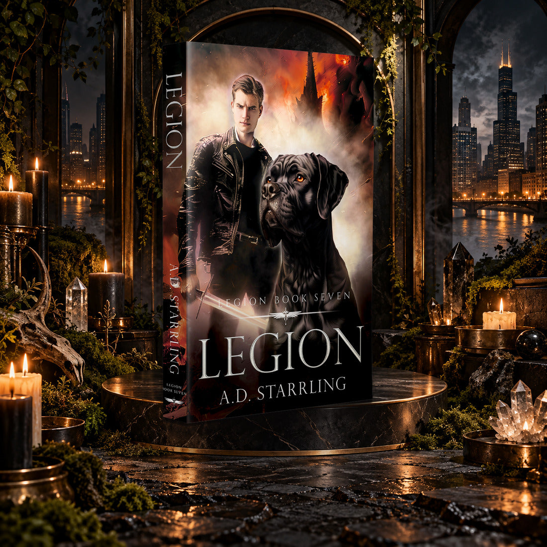 Legion (Legion Book 7) Paperback by A.D. Starrling on a marble pedestal in a candlelit gothic hall overlooking the Chicago skyline at night