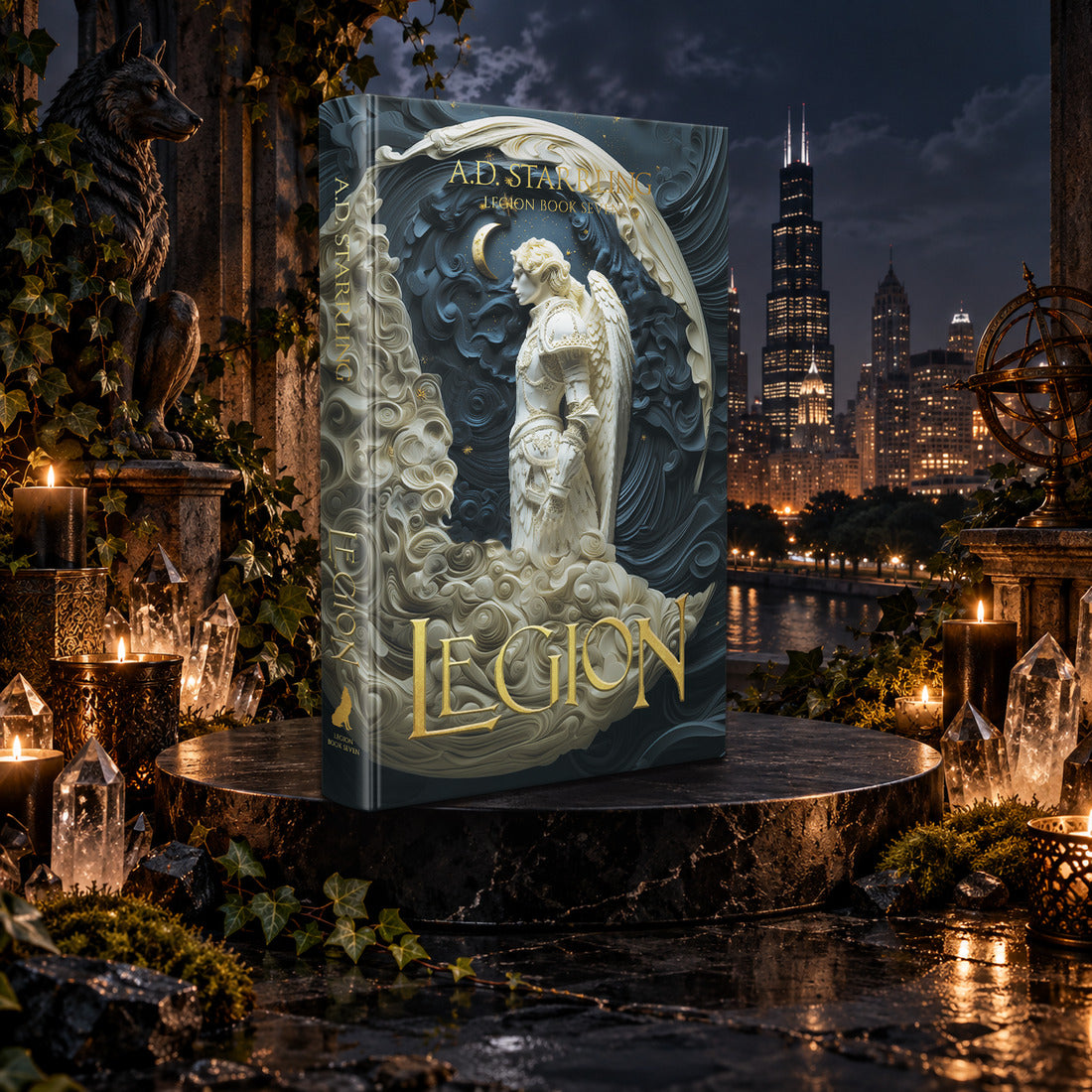 Legion (Legion Book 7) Special Edition Hardback by A.D. Starrling among candles and crystals with the moonlit Chicago skyline behind
