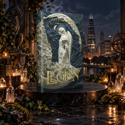 Legion (Legion Book 7) Special Edition Hardback by A.D. Starrling among candles and crystals with the moonlit Chicago skyline behind
