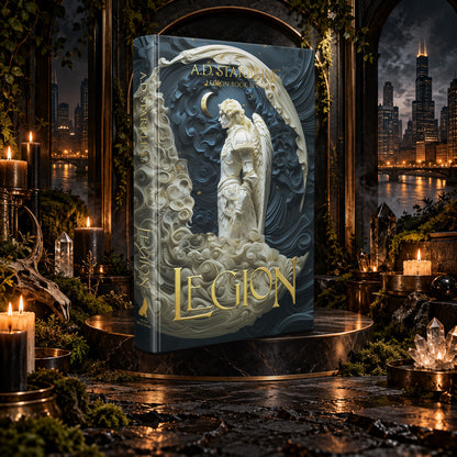 Legion (Legion Book 7) Special Edition Hardback by A.D. Starrling on a marble pedestal in a candlelit gothic hall overlooking the Chicago skyline at night