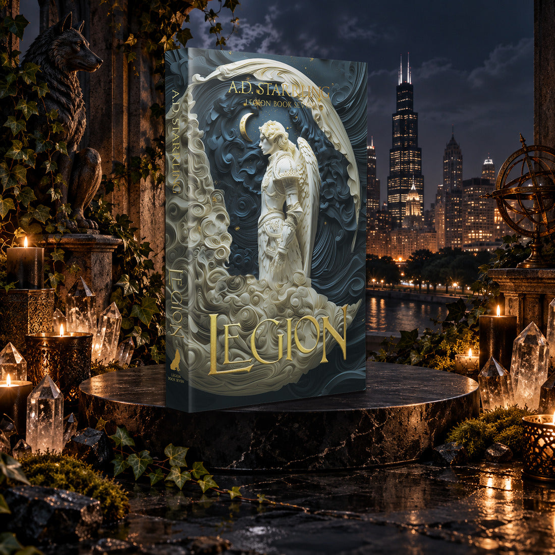 Legion (Legion Book 7) Special Edition Paperback by A.D. Starrling among candles and crystals with the moonlit Chicago skyline behind