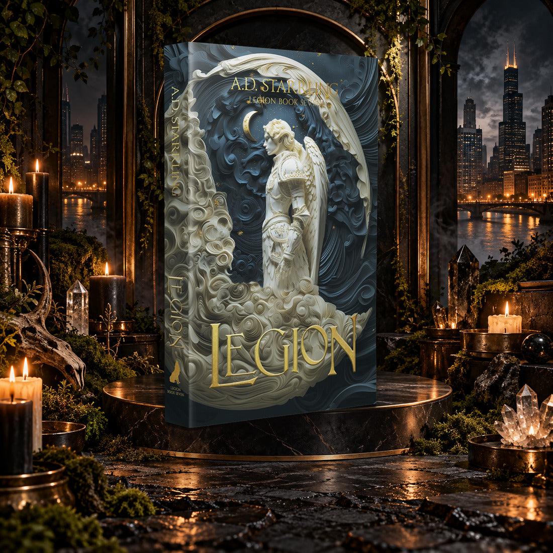 Legion (Legion Book 7) Special Edition Paperback by A.D. Starrling on a marble pedestal in a candlelit gothic hall overlooking the Chicago skyline at night