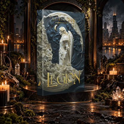 Legion (Legion Book 7) Special Edition Paperback by A.D. Starrling on a marble pedestal in a candlelit gothic hall overlooking the Chicago skyline at night
