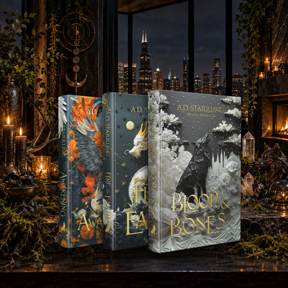 Legion Books 1–3 Special Edition Hardback starter bundle by A.D. Starrling on a candlelit table with the Chicago skyline at night