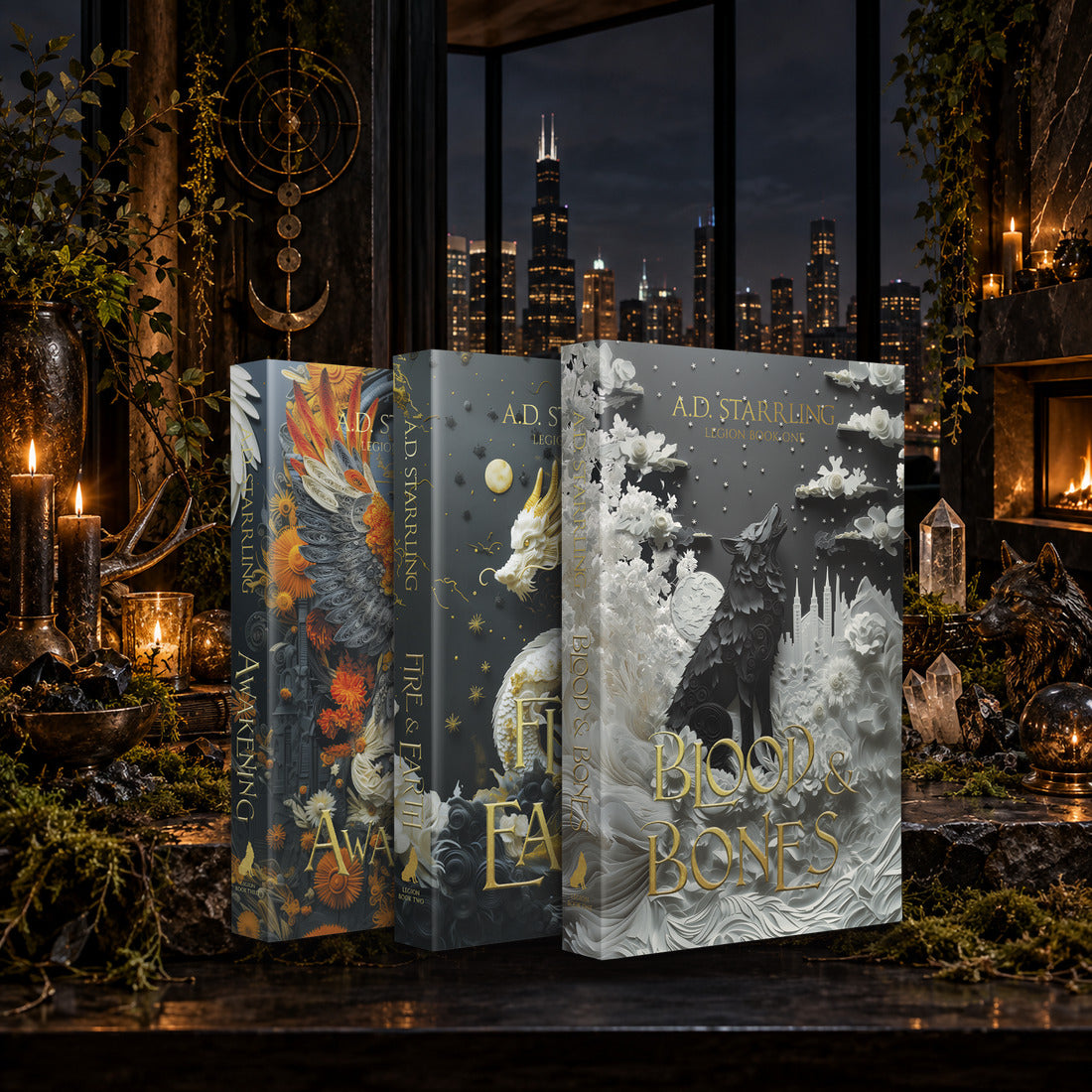 Legion Books 1–3 Special Edition Paperback starter bundle by A.D. Starrling on a candlelit table with the Chicago skyline at night