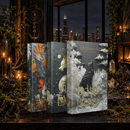 Legion Books 1–3 Special Edition Paperback starter bundle by A.D. Starrling on a candlelit table with the Chicago skyline at night