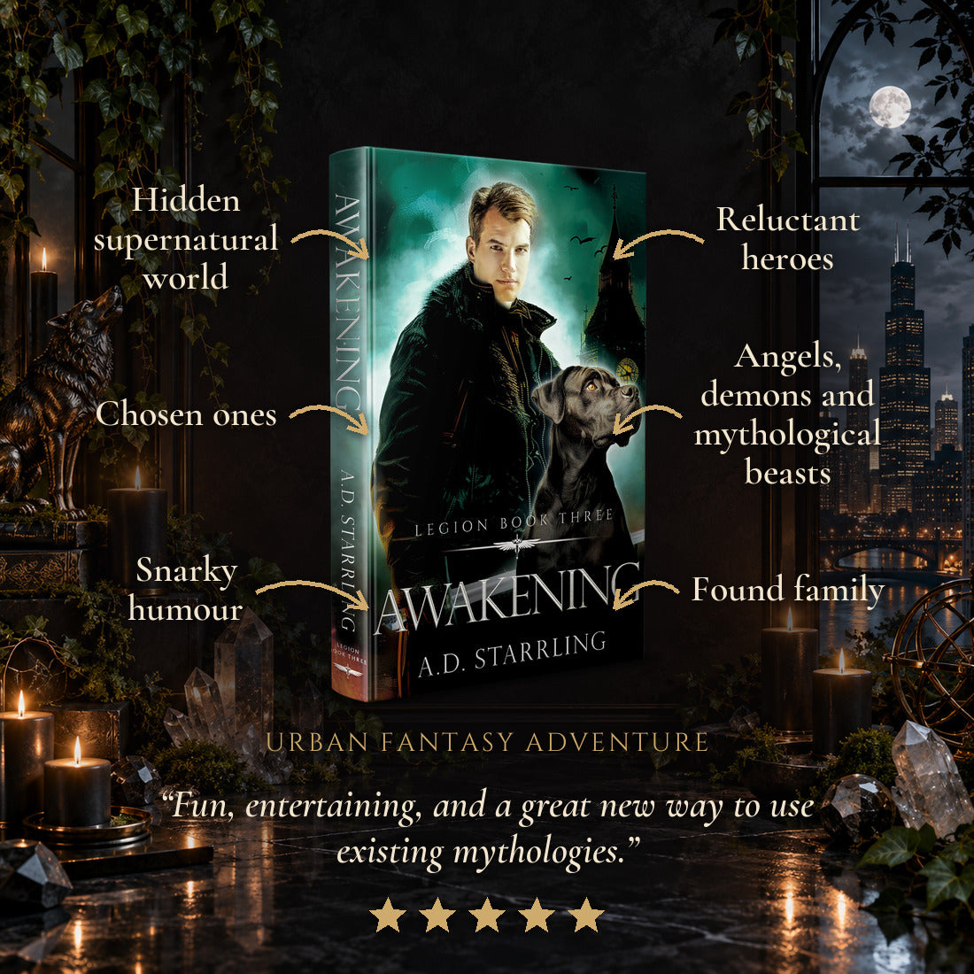 Awakening Hardback tropes: Hidden supernatural world, Chosen ones, Snarky humour, Reluctant heroes, Angels, demons and mythological beasts, Found family. Five-star reader review.