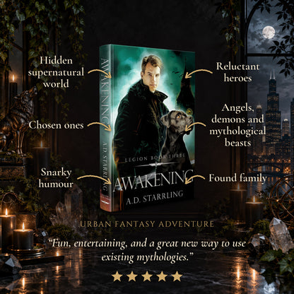 Awakening Hardback tropes: Hidden supernatural world, Chosen ones, Snarky humour, Reluctant heroes, Angels, demons and mythological beasts, Found family. Five-star reader review.