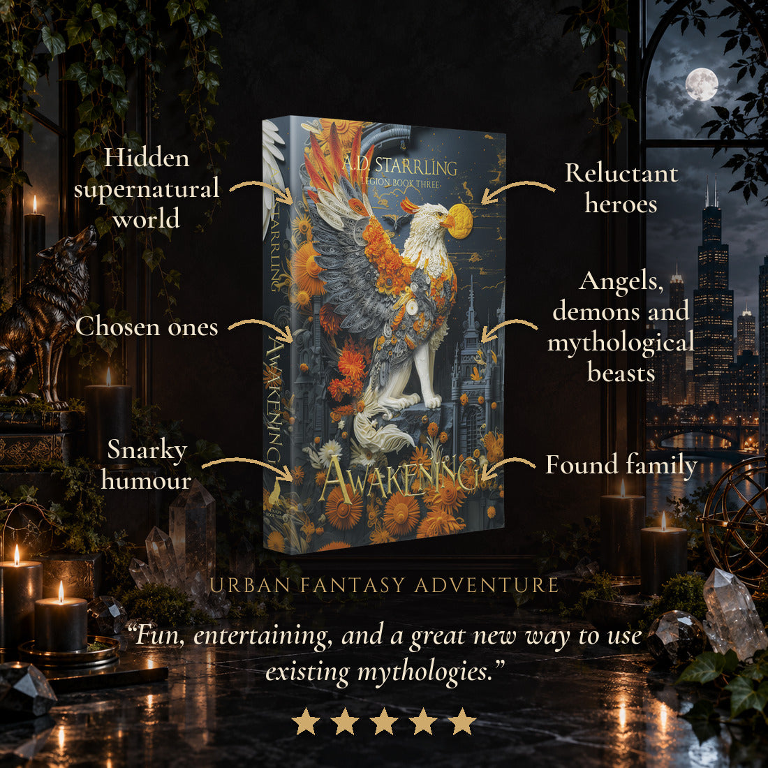 Awakening Special Edition Paperback tropes: Hidden supernatural world, Chosen ones, Snarky humour, Reluctant heroes, Angels, demons and mythological beasts, Found family. Five-star reader review.