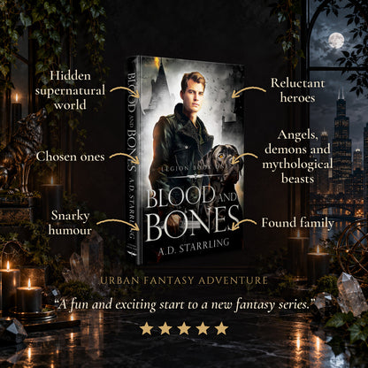 Blood and Bones Hardback tropes: Hidden supernatural world, Chosen ones, Snarky humour, Reluctant heroes, Angels, demons and mythological beasts, Found family. Five-star reader review.
