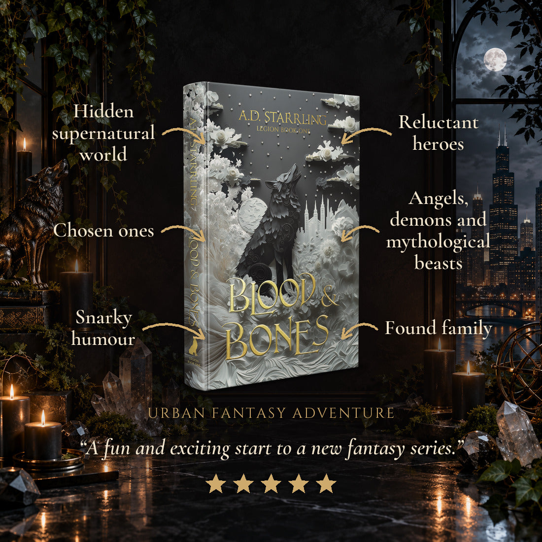 Blood and Bones Special Edition Hardback tropes: Hidden supernatural world, Chosen ones, Snarky humour, Reluctant heroes, Angels, demons and mythological beasts, Found family. Five-star reader review.