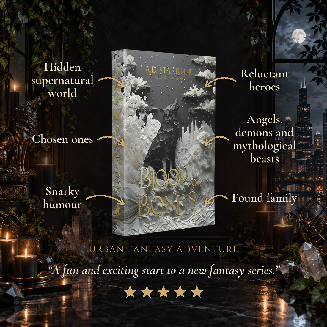 Blood and Bones Special Edition Paperback tropes: Hidden supernatural world, Chosen ones, Snarky humour, Reluctant heroes, Angels, demons and mythological beasts, Found family. Five-star reader review.