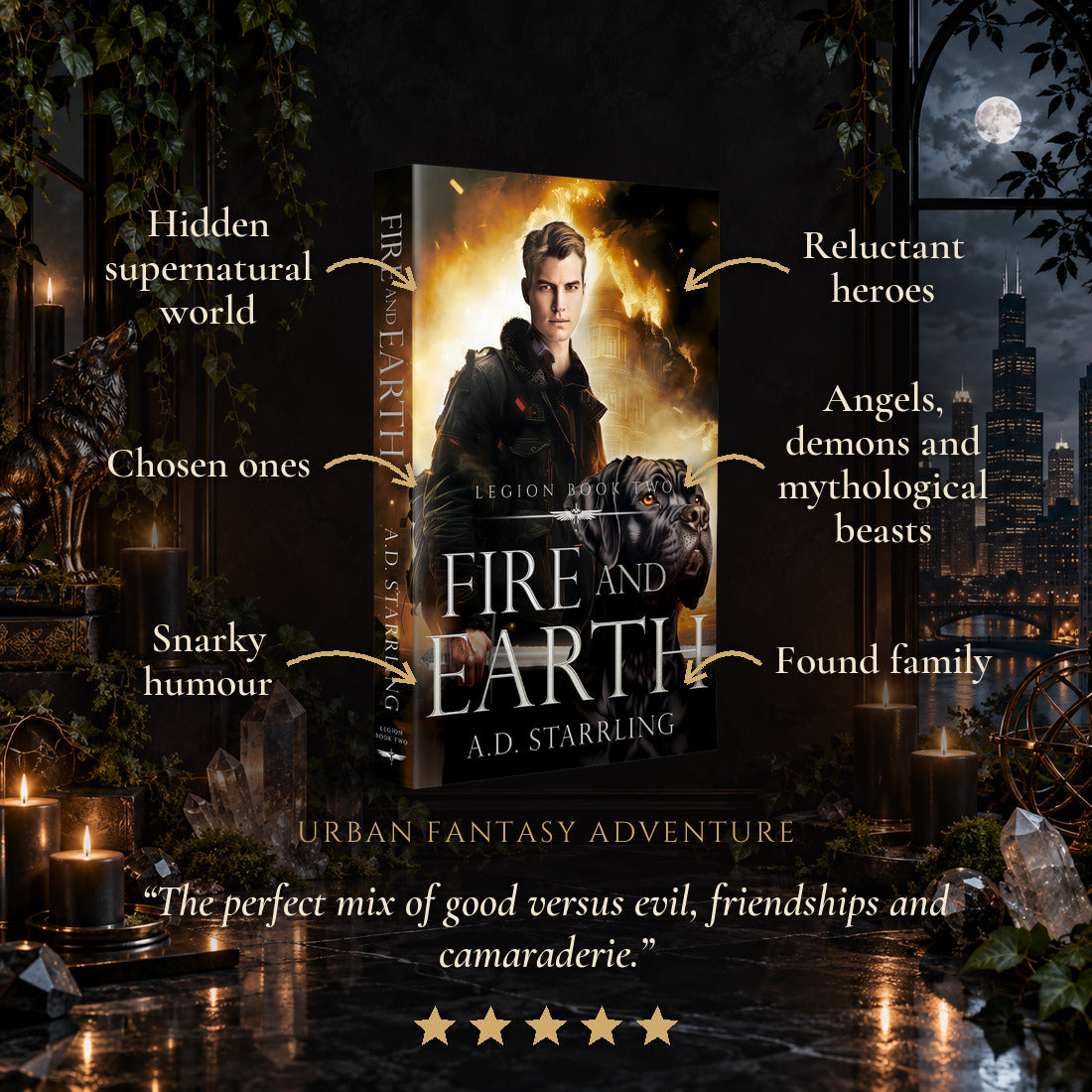 Fire and Earth Paperback tropes: Hidden supernatural world, Chosen ones, Snarky humour, Reluctant heroes, Angels, demons and mythological beasts, Found family. Five-star reader review.