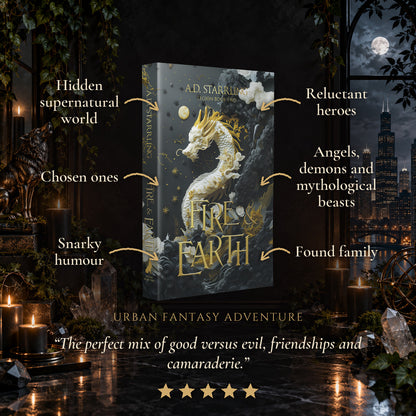 Fire and Earth Special Edition Paperback tropes: Hidden supernatural world, Chosen ones, Snarky humour, Reluctant heroes, Angels, demons and mythological beasts, Found family. Five-star reader review.